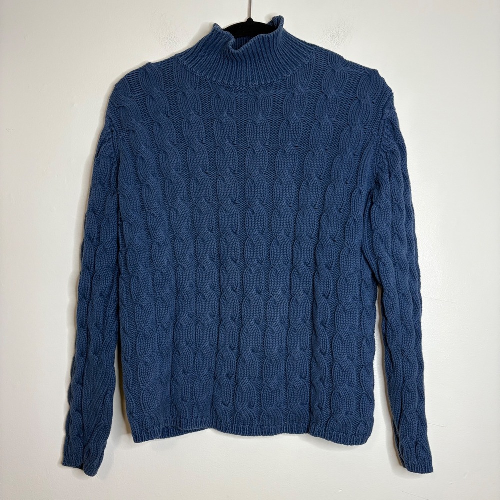 LL‎ Bean Women's Blue Cable Knit Mock Neck Fisherman Sweater Size LG